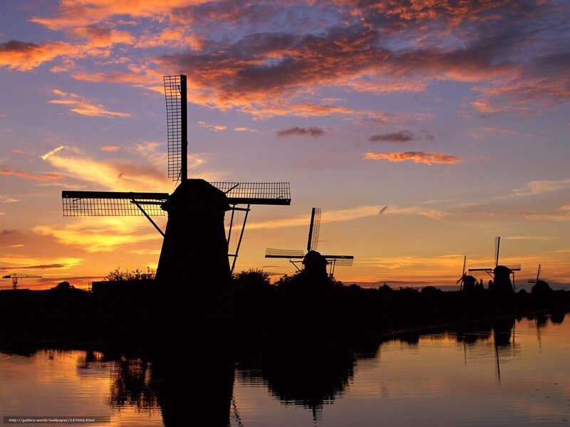 Windmills at Sunset — Orange, Serene, Photograph