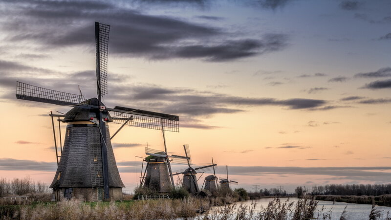 Windmills at Sunset — Orange, Serene