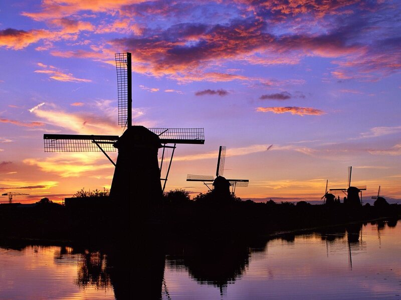 Windmills at Sunset — Purple, Serene, Photograph