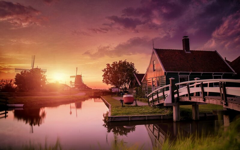 Windmills at Sunset — Purple, Serene