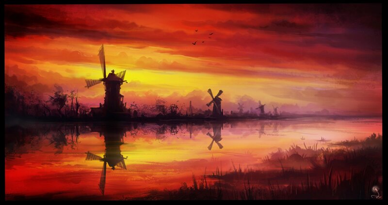Windmills at Sunset — Red