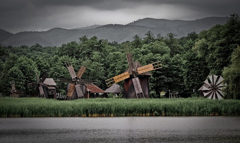 Windmills by a Lake — Green