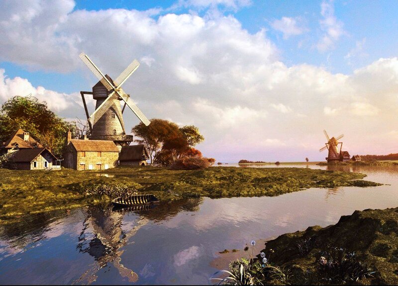 Windmills by a River — Blue, Serene