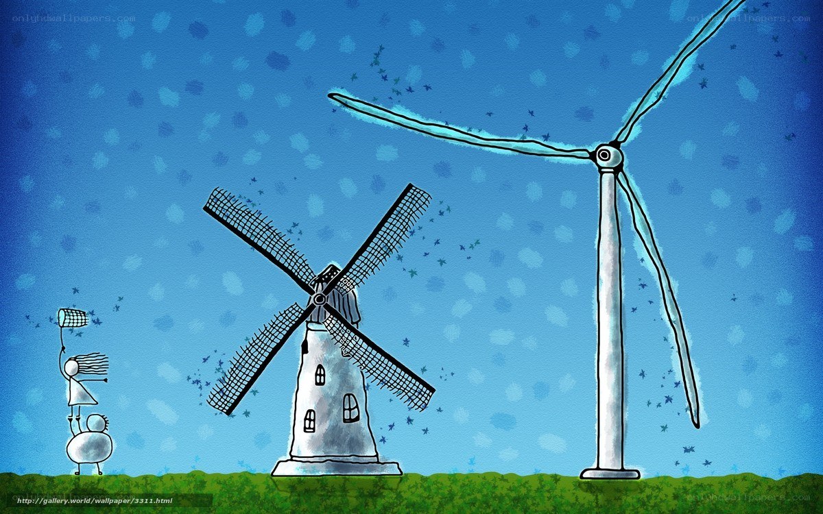 Windmills in a blue sky