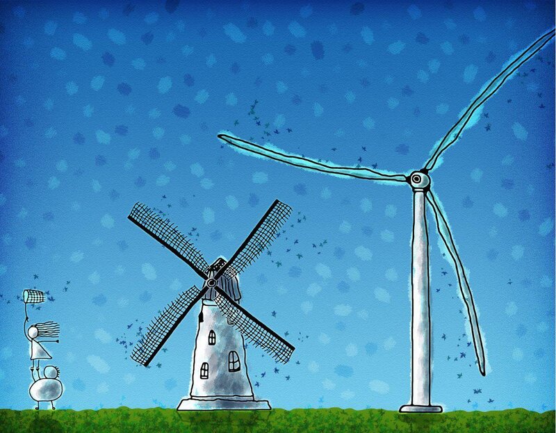 Windmills in a cartoon landscape