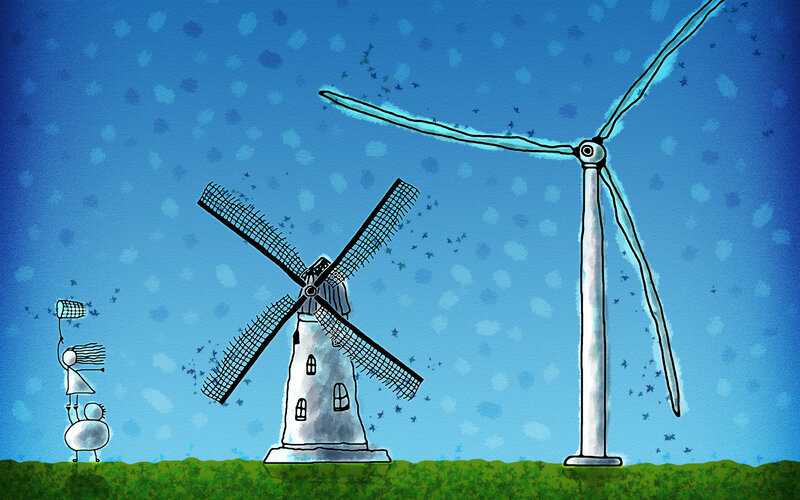 Windmills in a field