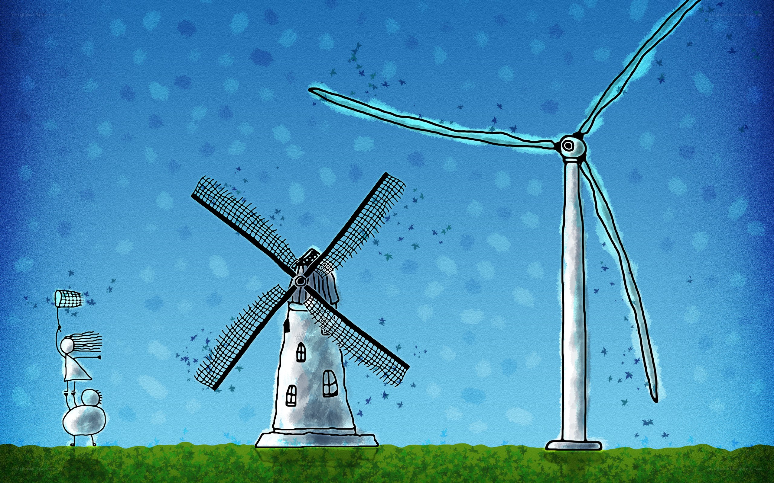 Windmills in a field