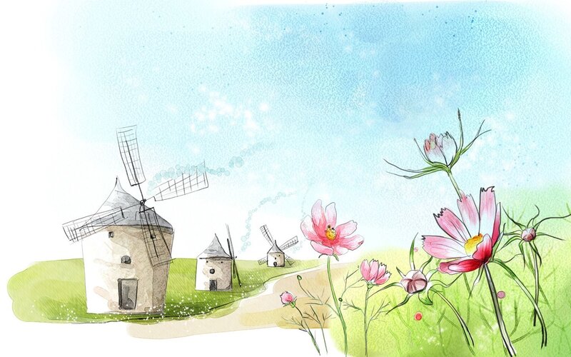 Windmills in a flower field