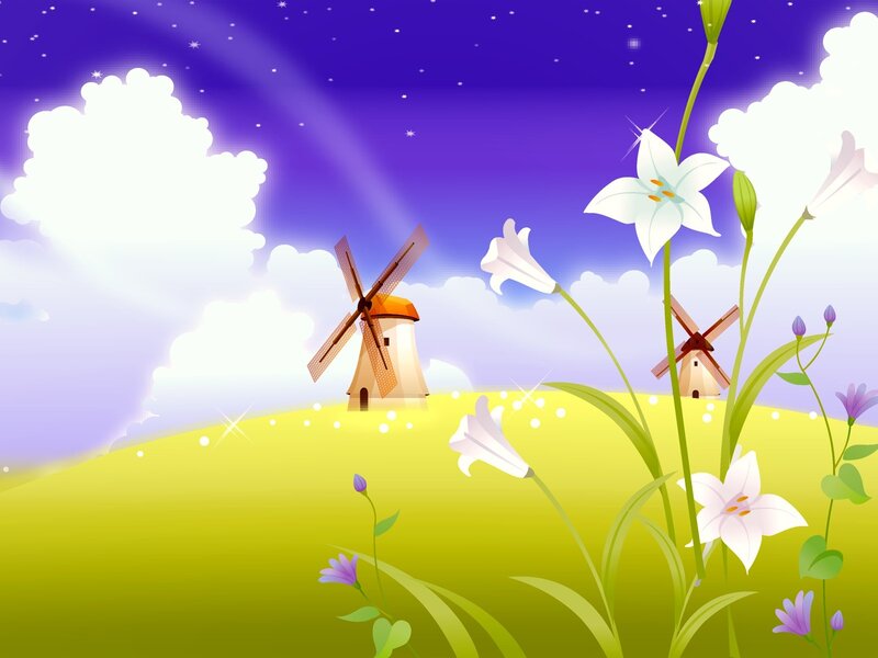 Windmills in a flower field