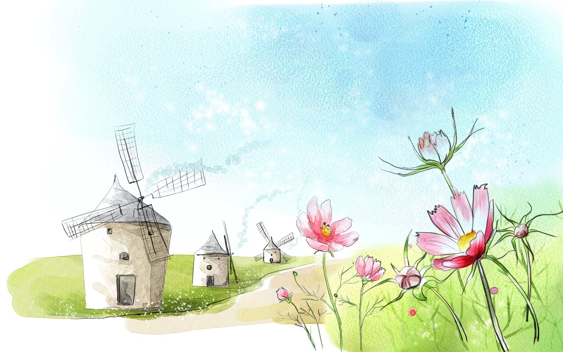 Windmills in a flower field