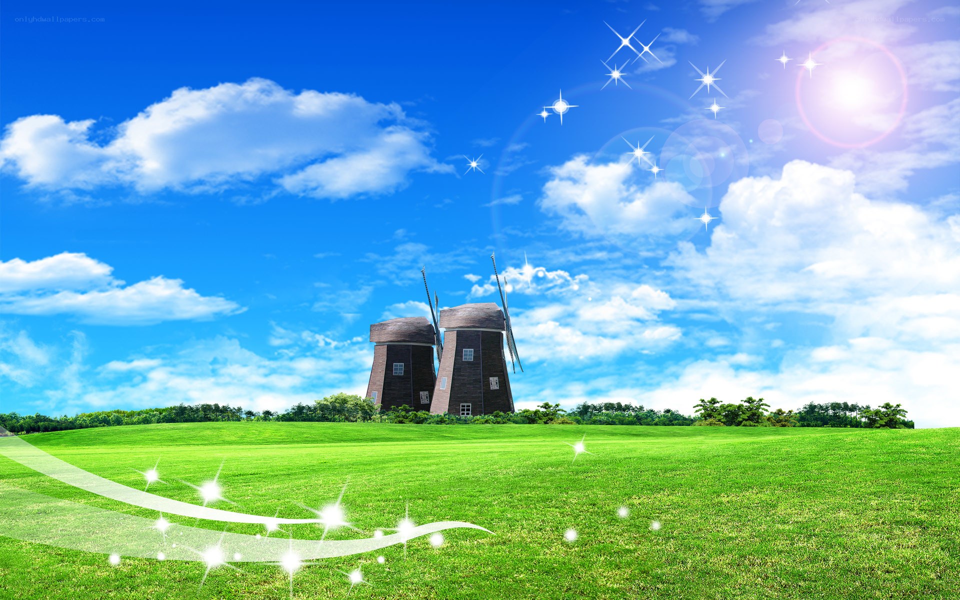 Windmills in a green field