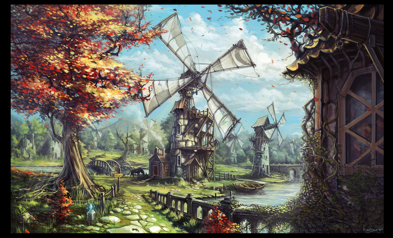 Windmills in Autumn Landscape