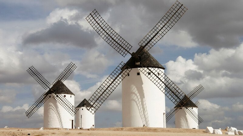 Windmills in Field — White