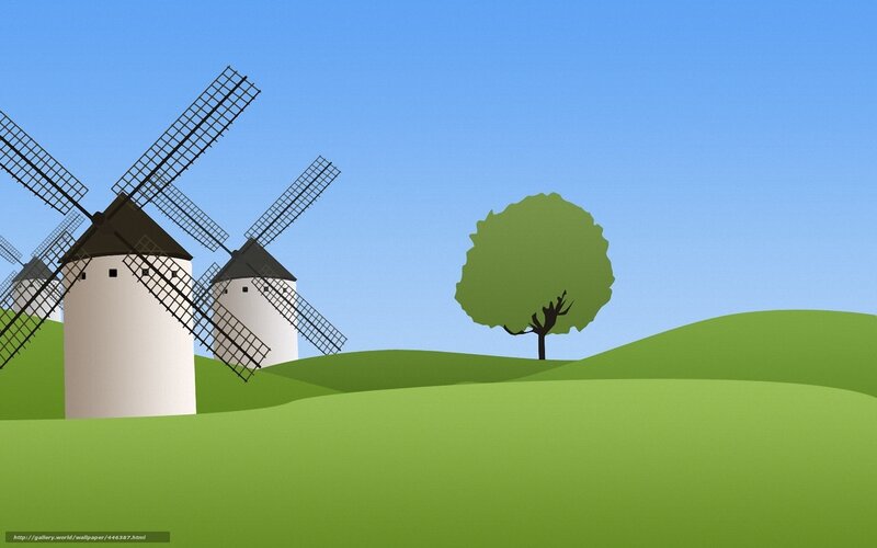 windmills in green fields