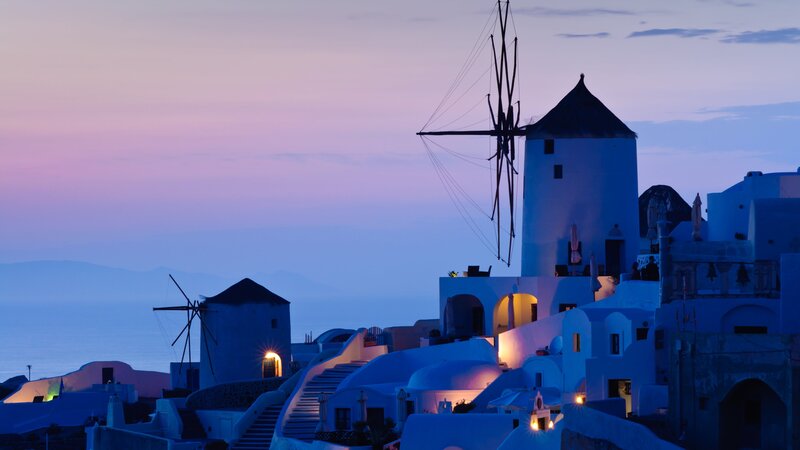 Windmills in Oia — Blue