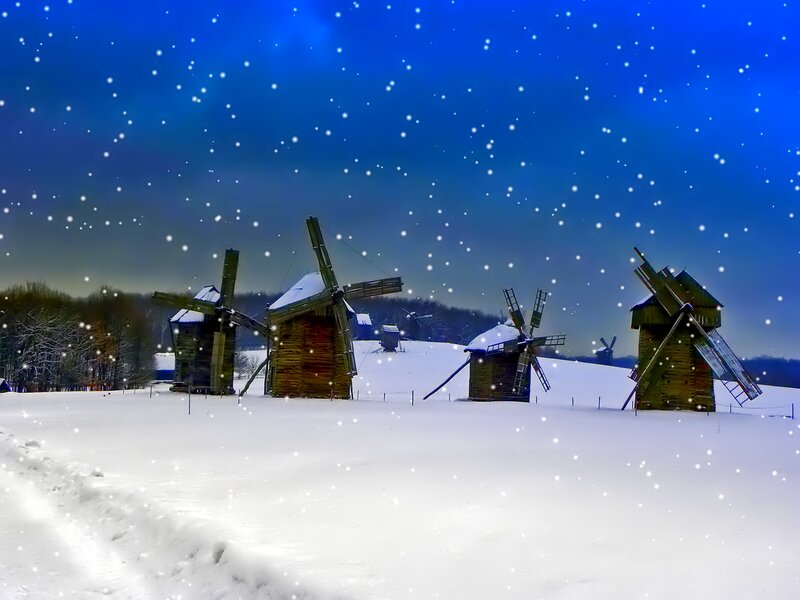 Windmills in Snow — Blue, Serene