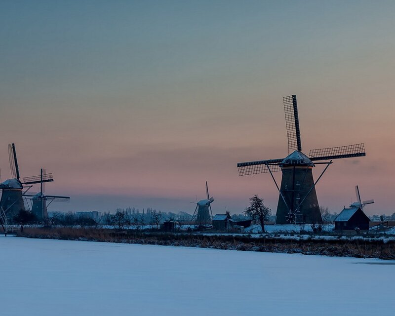 Windmills in Snow — Blue, Serene, Winter
