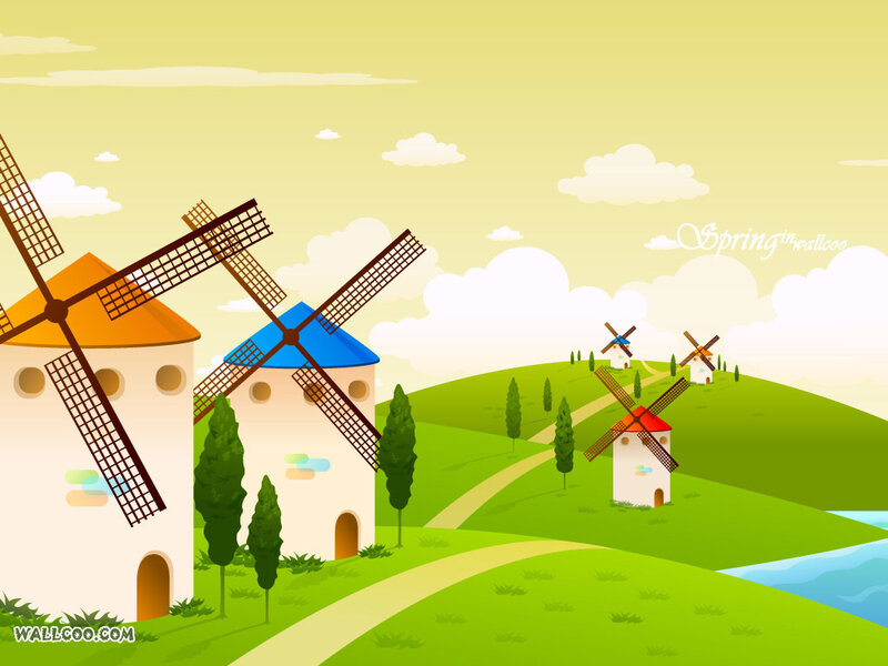 windmills in spring landscape