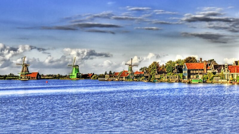 Windmills on a Canal — Blue