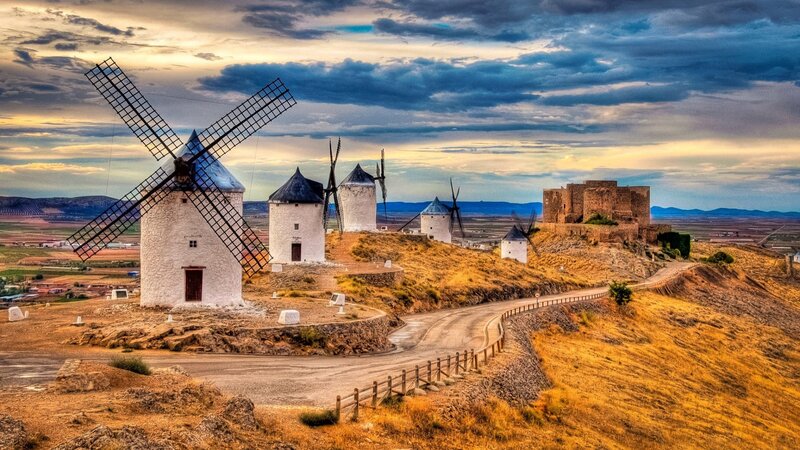Windmills on a Hill — Blue, Dramatic, Sunset, Photograph, Castle, Road
