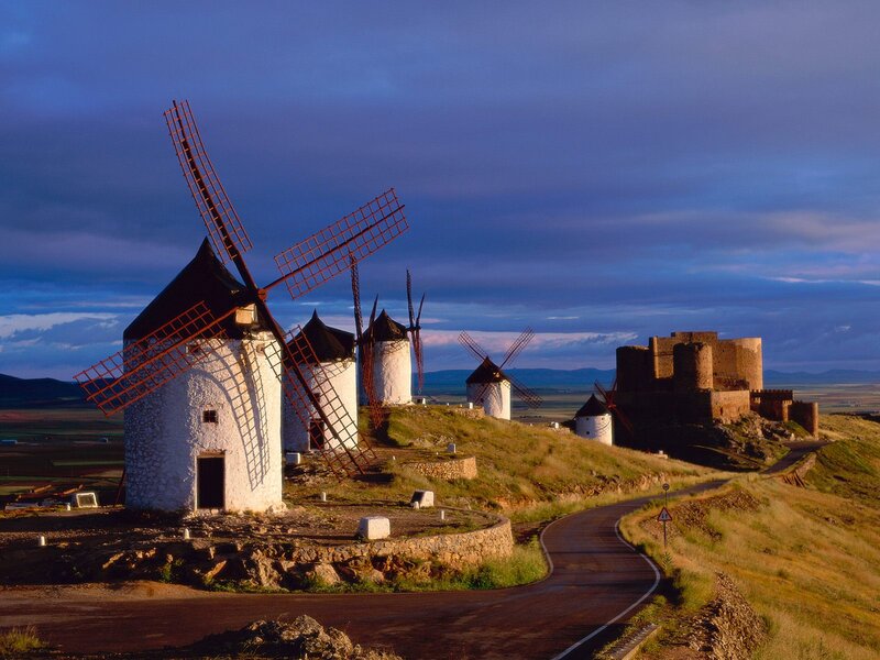 Windmills on a Hill — Blue, Dramatic, Sunset, Photograph, Castle