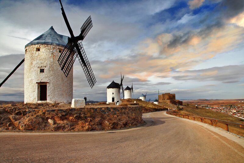 Windmills on a Hill — Blue, Dramatic, Sunset, Photograph, Road, Castle