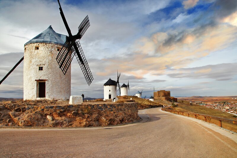 Windmills on a Hill — Blue, Dramatic, Sunset, Photograph, Road