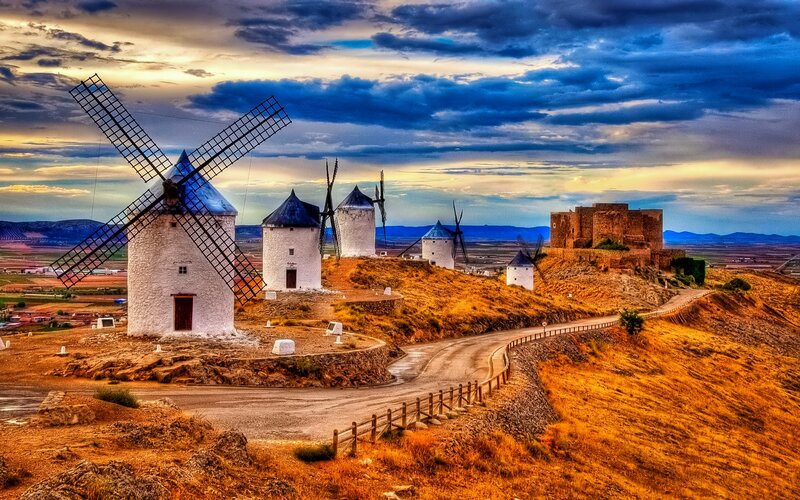 Windmills on a Hill — Blue, Dramatic, Sunset, Photograph
