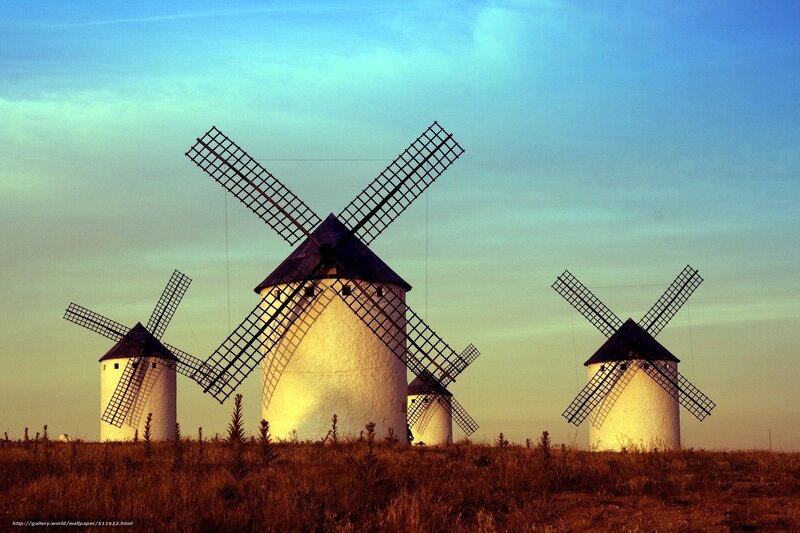 Windmills on a Hill — Blue, Serene, Sunset, Photograph