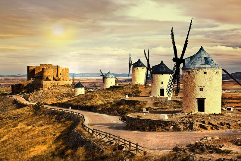 Windmills on a Hill — Brown, Dramatic, Sunset, Photograph, Castle