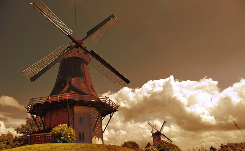 Windmills on a Hill — Brown, Dramatic, Sunset, Photograph, Clouds
