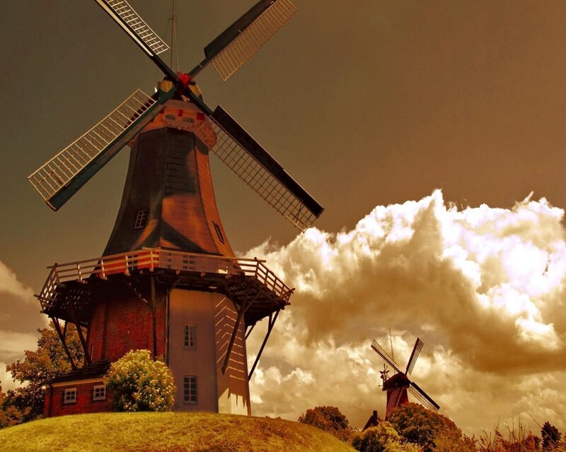 Windmills on a Hill — Brown, Dramatic, Sunset, Photograph, Clouds, Trees, Orange