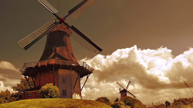 Windmills on a Hill — Brown, Dramatic, Sunset, Photograph, Clouds, Trees, Sky