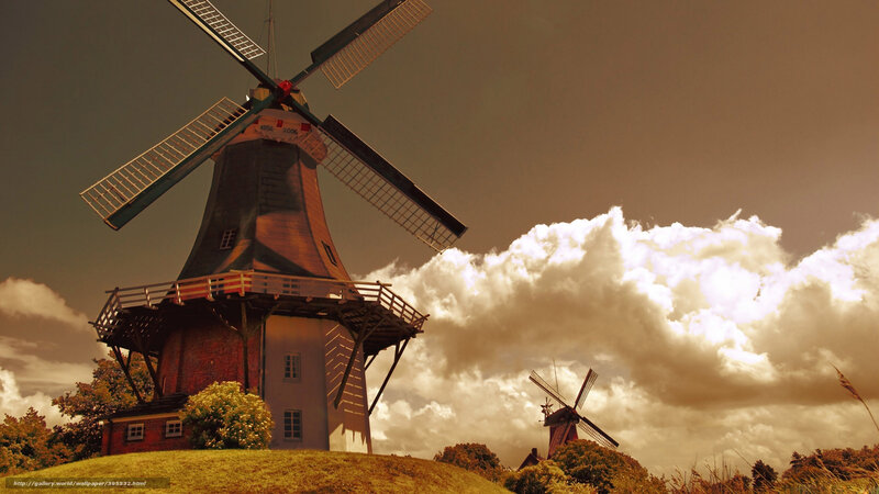 Windmills on a Hill — Brown, Dramatic, Sunset, Photograph, Clouds, Trees