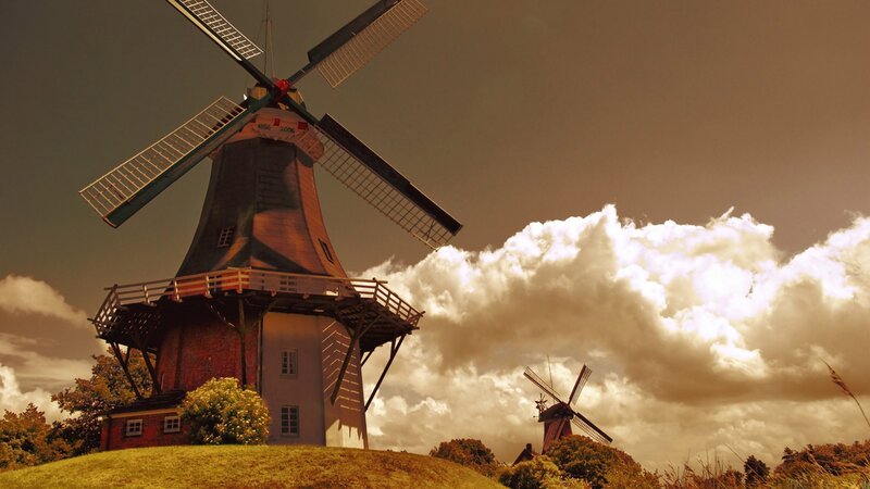 Windmills on a Hill — Brown, Dramatic, Sunset, Photograph
