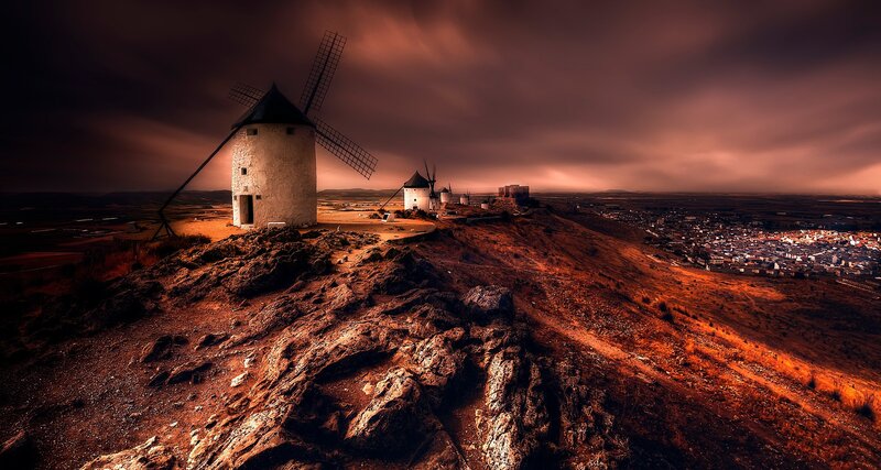 Windmills on a Hill — Brown, Dramatic, Sunset, Photograph, Town