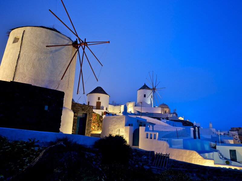 Windmills on Hillside — Blue, Serene, Night, Photograph