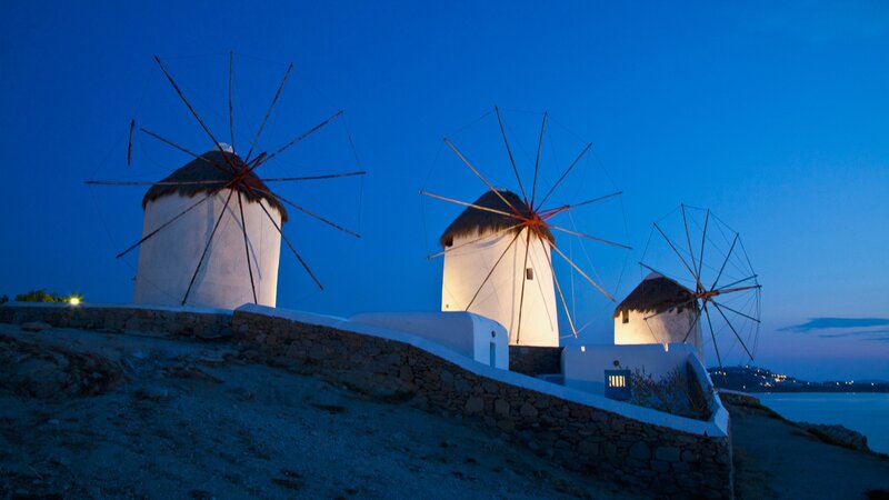 Windmills on Hillside — Blue, Serene, Night