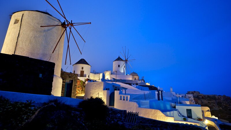 Windmills on Hillside — Blue, Serene