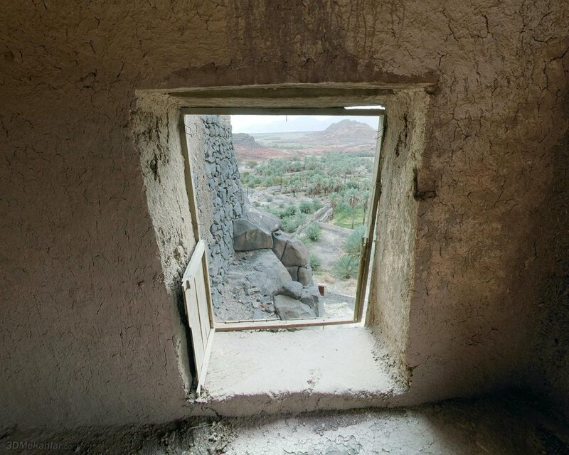 Window view of desert oasis