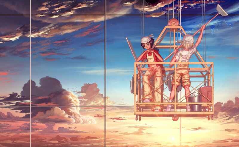 Window washers at sunset