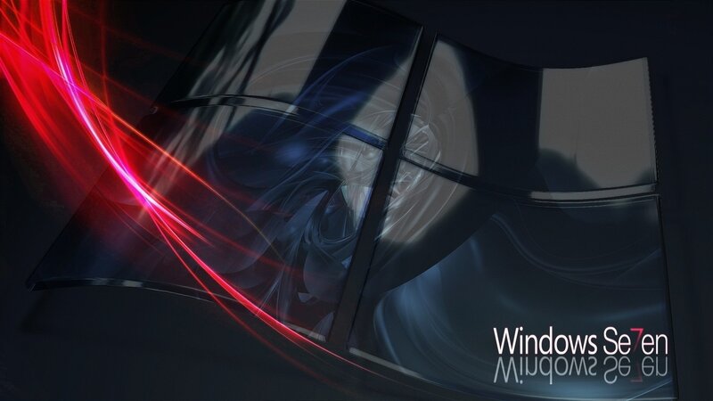 Windows 7 Logo — Black, Dramatic, Digital Art, Red Light Streaks, Glass Panels