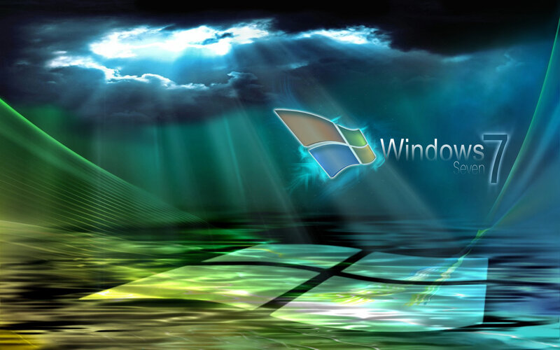 Windows 7 Logo — Blue, Dramatic, Digital Art, Clouds, Light Rays
