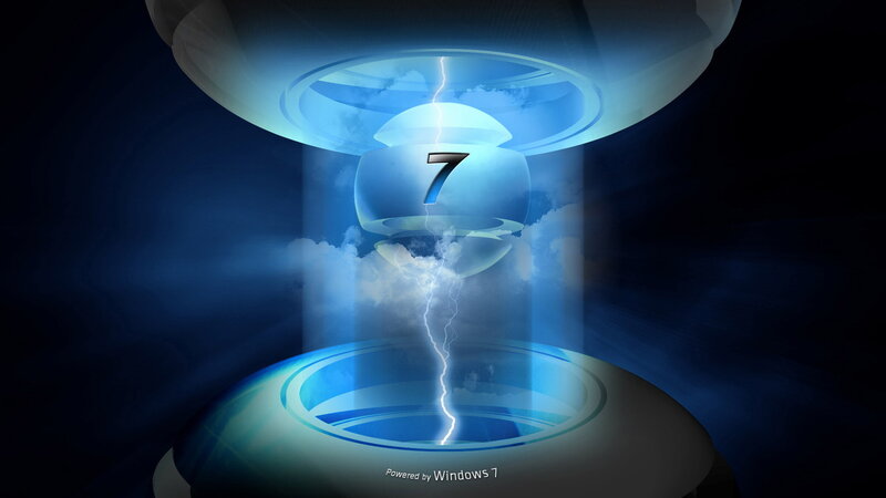 Windows 7 Logo — Blue, Dramatic, Digital Art, Lightning, Clouds, Number, White