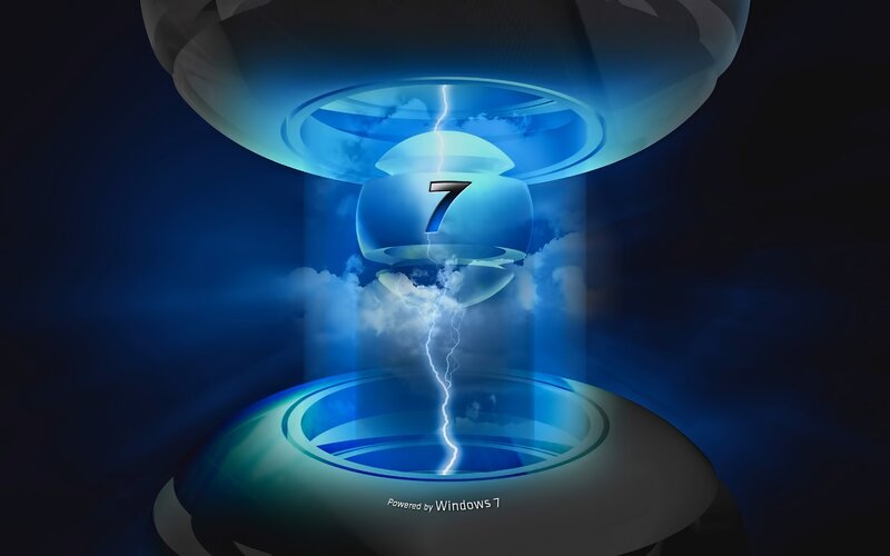 Windows 7 Logo — Blue, Dramatic, Digital Art, Lightning, Clouds