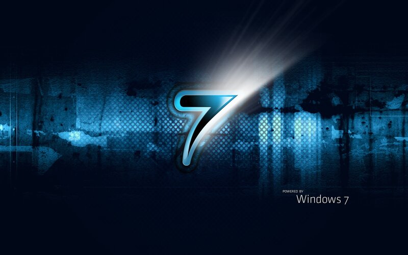 Windows 7 Logo — Blue, Dramatic, Digital Art, Number 7, Light Beam, Grunge Texture, Black
