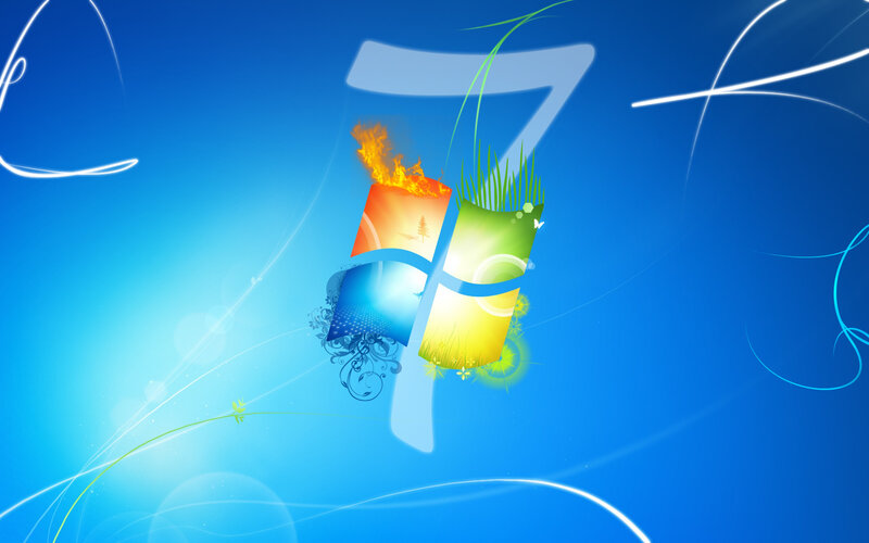 Windows 7 Logo — Blue, Dynamic, Digital Art, Fire, Grass