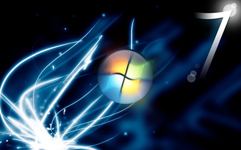 Windows 7 Logo — Blue, Dynamic, Digital Art, Number 7, Light Streaks, Glow