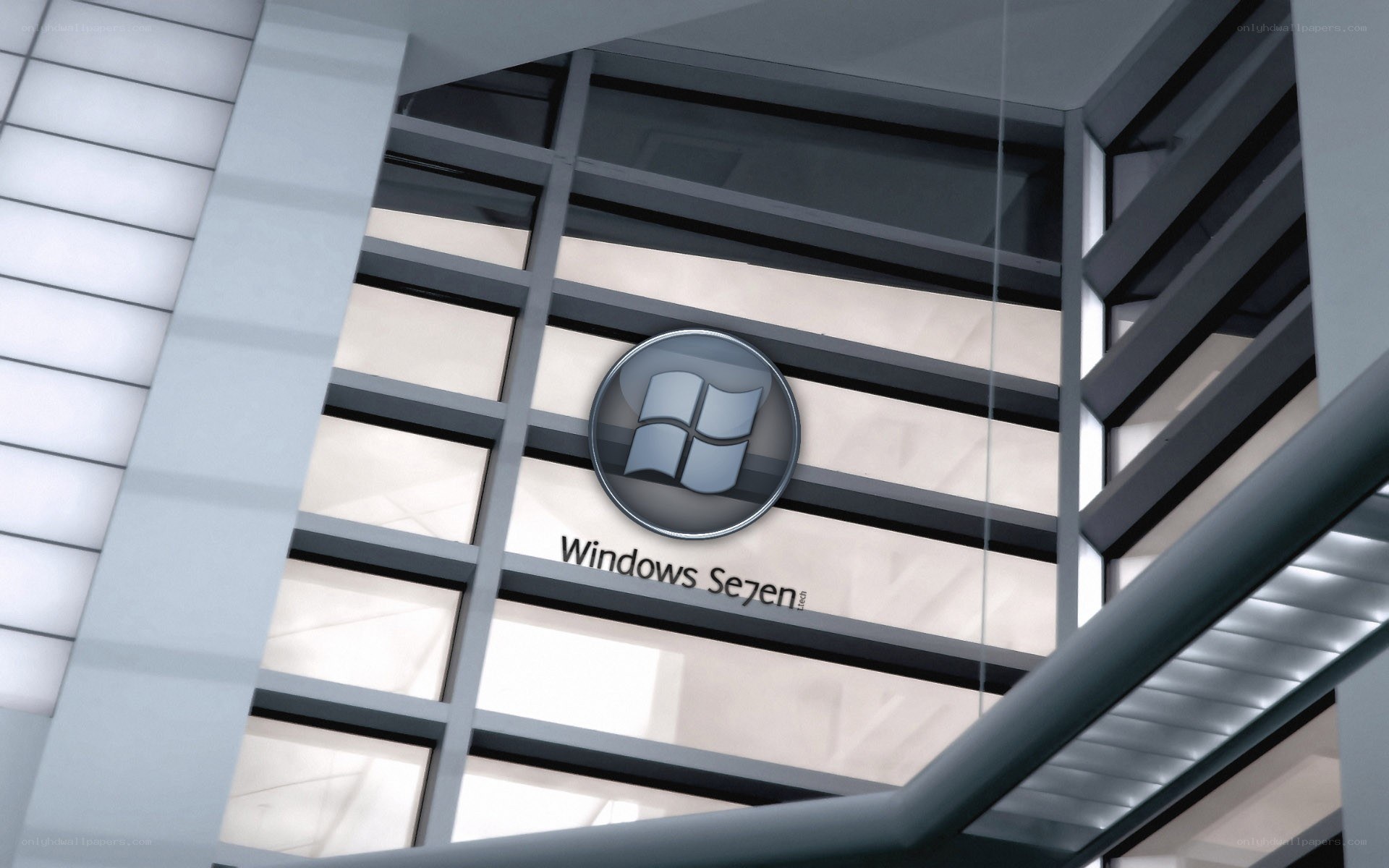 Windows 7 logo in modern building