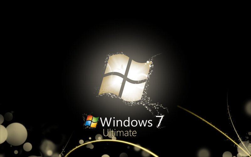 Windows 7 Ultimate Logo — Black, Dramatic, Digital Art, Text, Sparkles, Gold, White